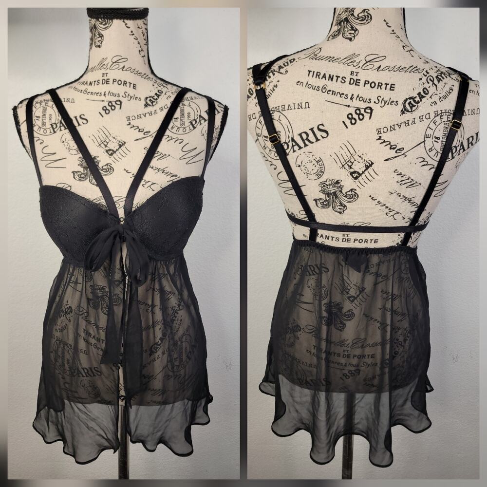Victorias Secret Chemise Dress 36C Sheer Front Tie Black Whimsygoth Fairy